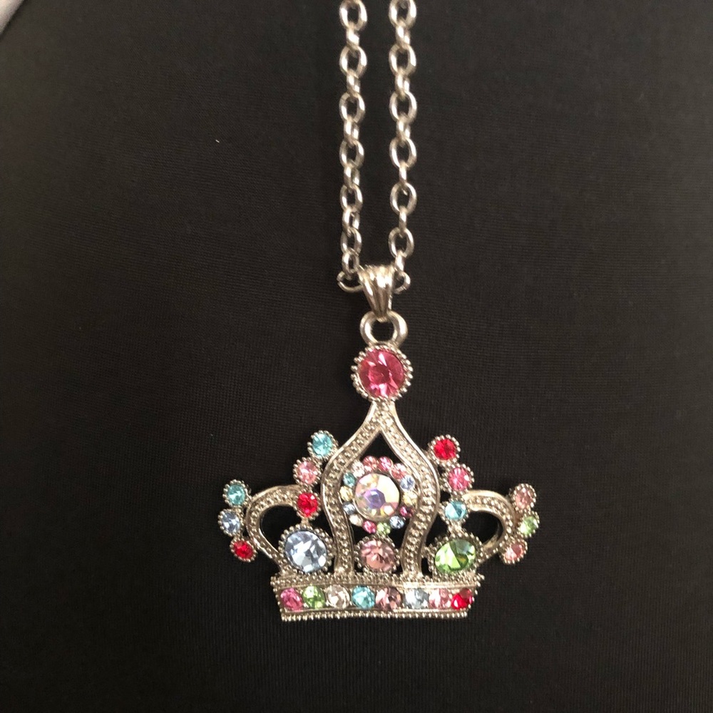 Silver And Rhinestone Crown Statement Necklace - image 2